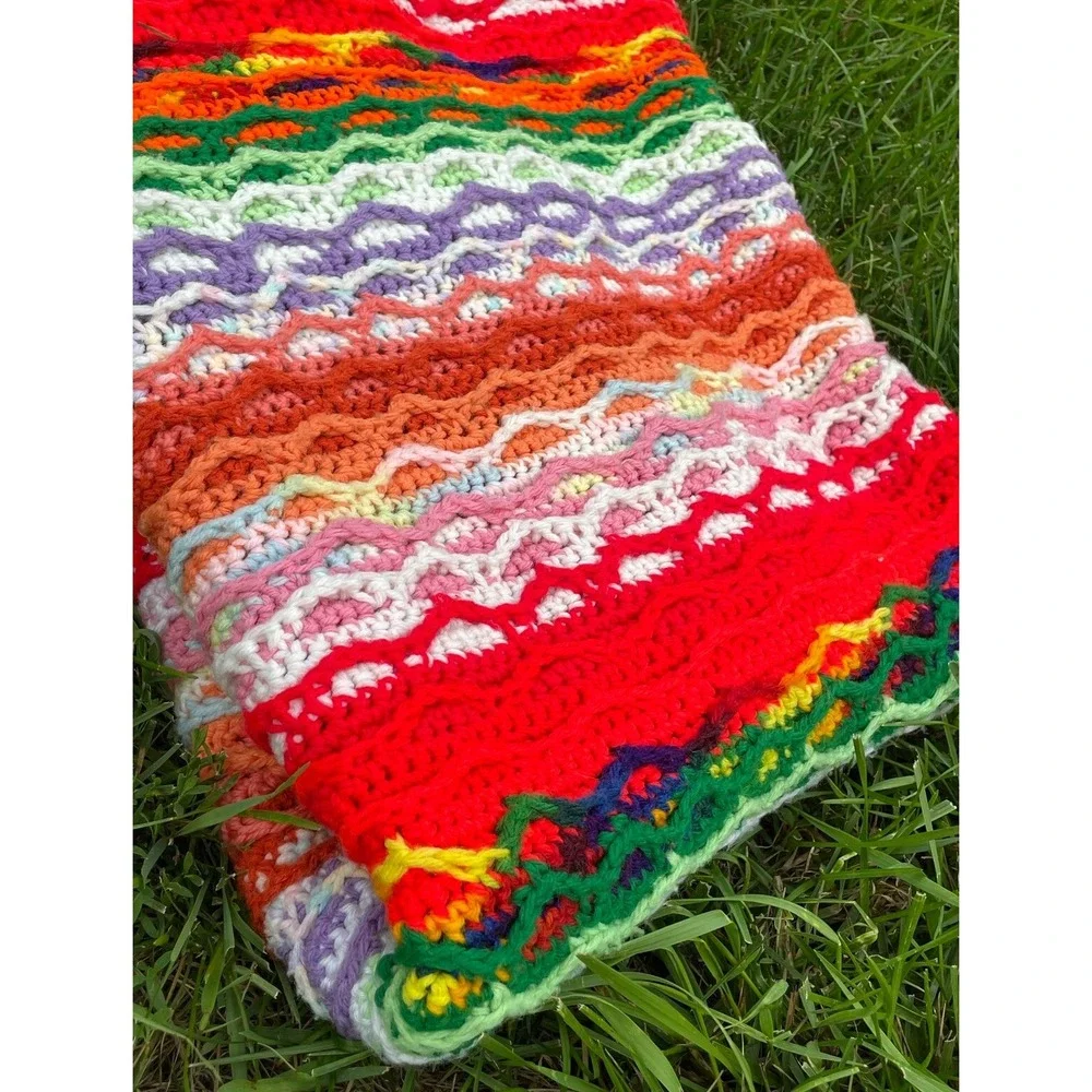 VTG Boho Striped Rainbow Hand Knit Crochet Blanket Throw Afghan 38x47 Reversible